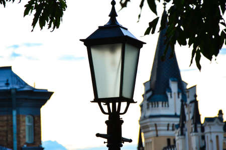 Street lantern in front of castleの写真素材