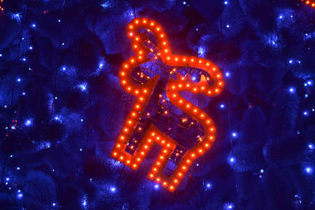 Luminous toy deer on Christmas treeの写真素材