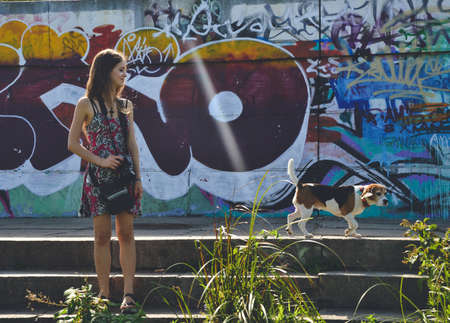 Girl and a dogの写真素材
