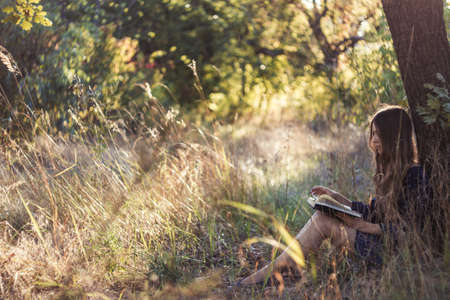 Girl sitting under a tree reading book in summer forestの写真素材