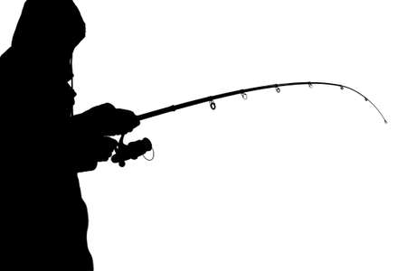 Silhouette of a fisherman on white background. Fishing with a spinning rodの写真素材