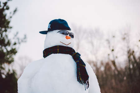 Portrait of happy snowman wearing scarf and sunglasses while enjoying winter holidaysの写真素材