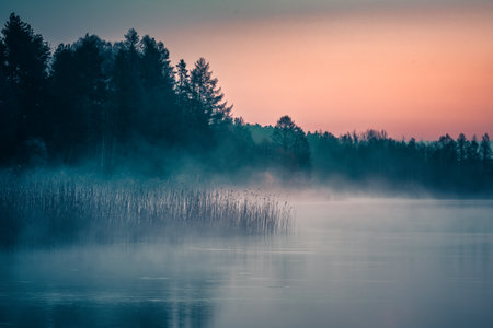 The fairy-tale mystery of the blue hour. Lake GowidliÅskie, Kaszuby, Polandの写真素材