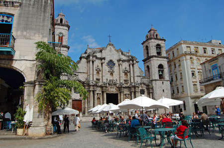 Havana, Cuba - January 2009: restaurant and cathedral in havana squareのeditorial素材