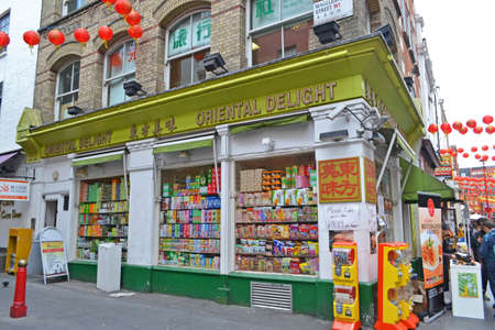 London - September 13: a traditional oriental shop in Chinatown, London, UK on September 13, 2014. Many chinese restaurants, shops and businesses are located in the Gerrard Street area of London.のeditorial素材