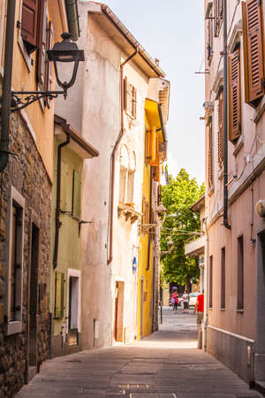Calli and architectural details of the Istrian-Venetian town,Muggia, Trieste, Italyの写真素材