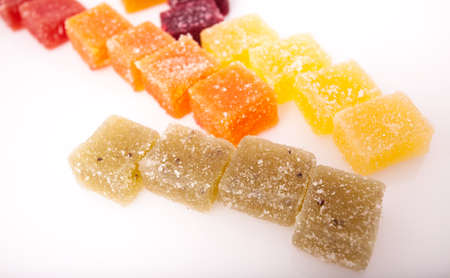 Candy jelly cubes in studio on white background.の写真素材