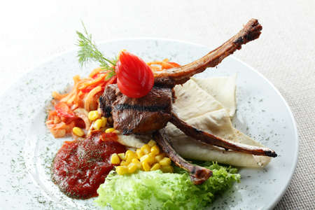 meat with garnish, sauce and salad on white dishの写真素材