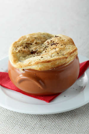 pancake on brown pot and bright backgroundの写真素材
