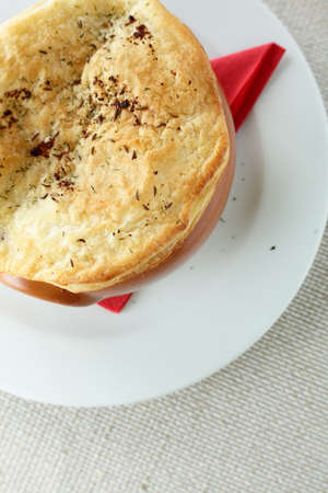pancake on brown pot and bright backgroundの写真素材