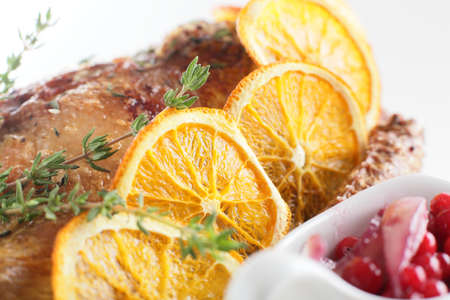 fresh and tasty peaces of meat with garnishの写真素材