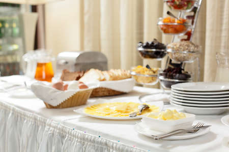 different food in restaurant on white table