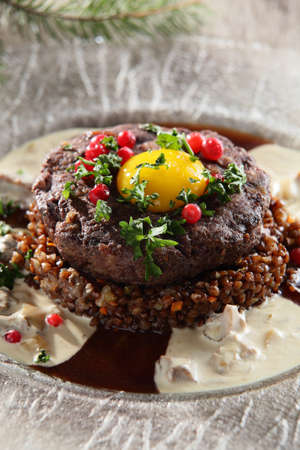 hot and tasty roasted meat on transparent dishの写真素材