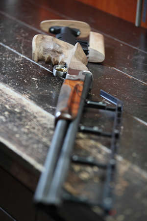 powerful gun with wooden butt and blackの写真素材