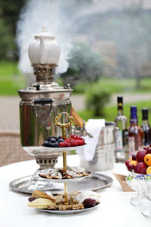 clean and beautiful table with food in a forestの写真素材