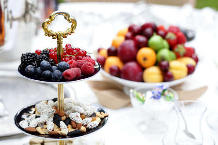 clean and beautiful table with food in a forestの写真素材