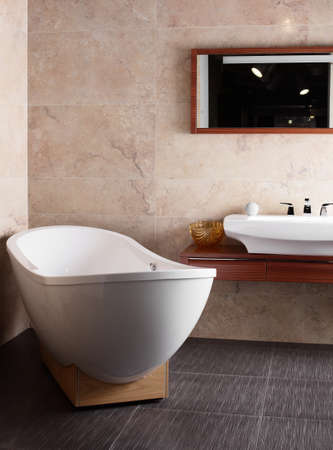 Interior of brand new bathroom with mirrorの写真素材