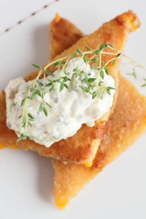 fresh and tasty peaces of meat with garnishの写真素材