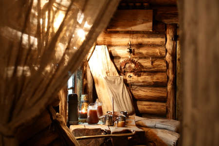luxury and cute interior of wooden russian saunaの写真素材