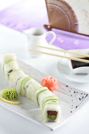 fresh and tasty sushi on bright backgroundの写真素材