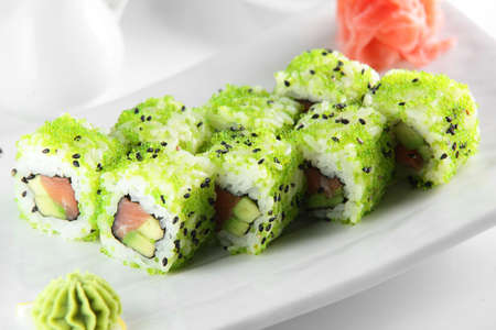 fresh and tasty sushi on bright backgroundの写真素材