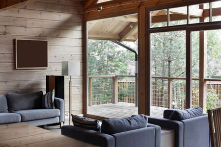 big and bright interior of modern living roomの写真素材