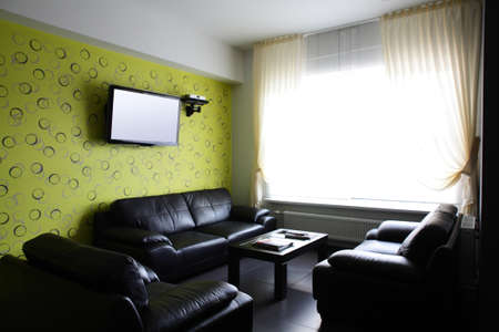 big and bright interior of modern living roomの写真素材