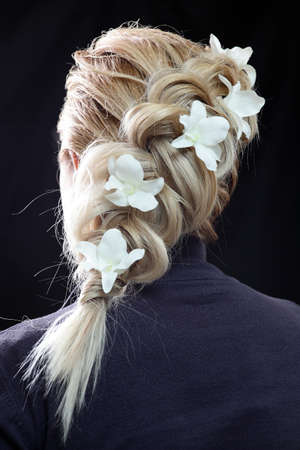 blond girl hair cut in european beauty salonの写真素材