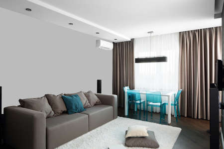 big and bright interior of modern living roomの写真素材