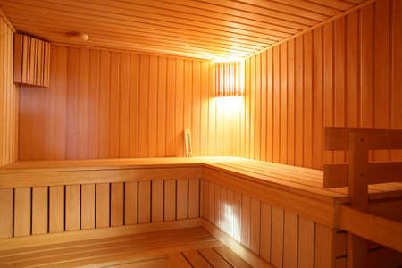 bright and hot interior of modern russian sauna