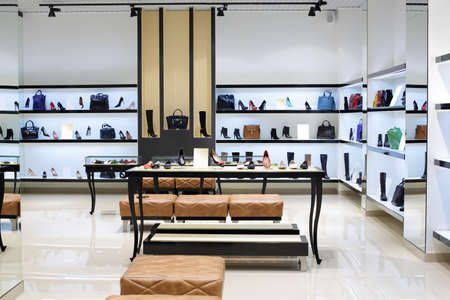 bright and fashionable interior of shoe store in modern mallのeditorial素材