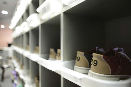 light bright bowling shoes shelf perspectiveの写真素材