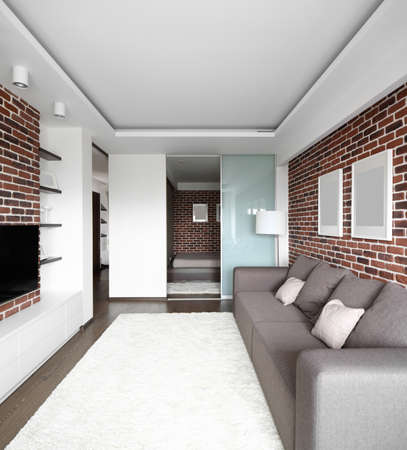 big and bright interior of modern living roomの写真素材