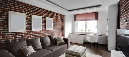 big and bright interior of modern living roomの写真素材
