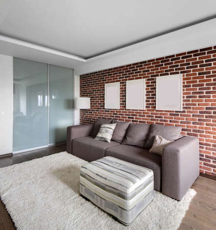 big and bright interior of modern living roomの写真素材