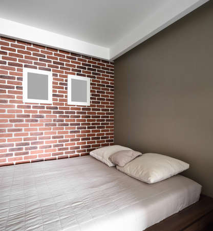 bright and brand new interior of european bedroomの写真素材