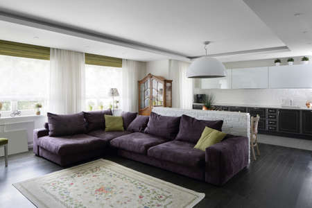 big and bright interior of modern living roomの写真素材