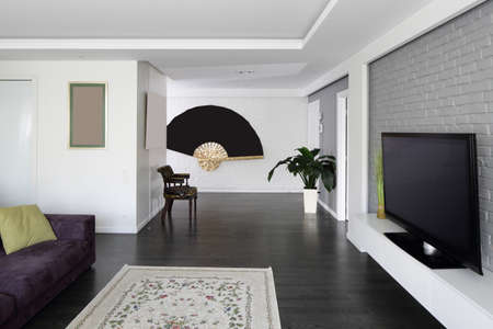 big and bright interior of modern living roomの写真素材
