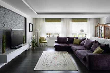 big and bright interior of modern living roomの写真素材