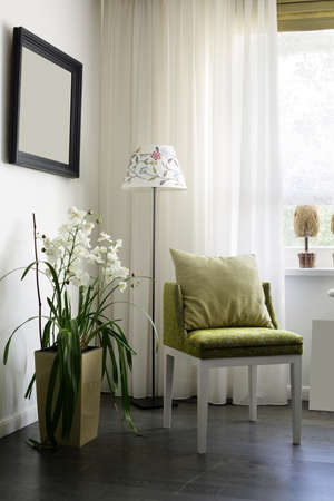 big and bright interior of modern living roomの写真素材