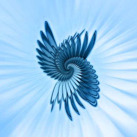 Illustration of a blue fractal abstract shape with bursts of light in background.