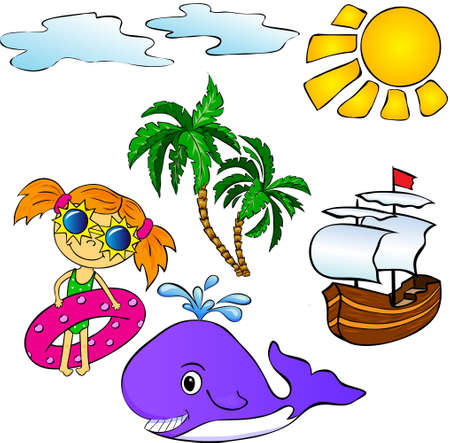 Summer tropical set: palms, ship, whale and girl. Vector illustrationのイラスト素材