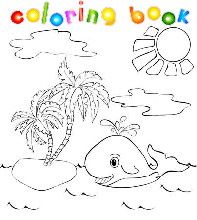 Funny whale near the tropical island with palms. Coloring bookのイラスト素材