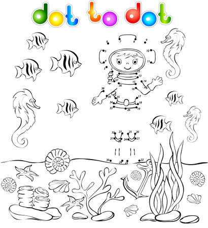 Underwater world with diver dot to dot. Vector illustrationのイラスト素材
