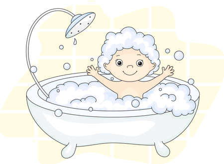 Ð¡ute toddler bathing in the bath with foam and laughing. Vector illustrationのイラスト素材