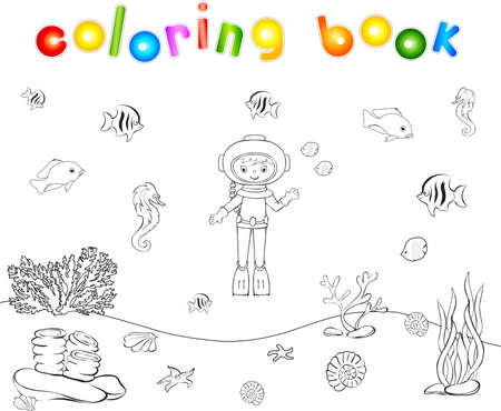 Cute cartoon scuba diver and fish under water. Seahorse, jellyfish, coral and starfish on the ocean floor. Vector illustration. Coloring bookのイラスト素材