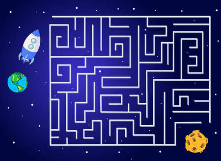 Help the rocket fly to the moon from our planet. Run your spacecraft through the labyrinth. Educational game for children. Vector illustrationのイラスト素材