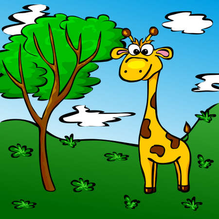 Funny cartoon giraffe in the forest. Illustration for childrenの写真素材