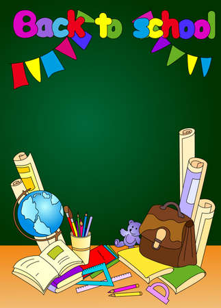 Back to school illustration. Educational background with books, notebooks, pen, pencil, brush, globe, paper, ruler and backpack.のイラスト素材