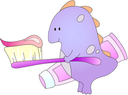 Cute friendly dragon with toothbrush and toothpaste. illustration for children about healthy lifestyle and healthのイラスト素材